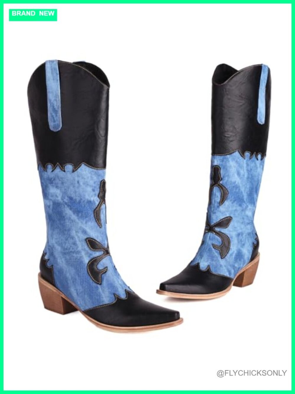 Women Knee High Western Boots Patchwork Pointed Toe Chunky Heel Pull On Cowboy